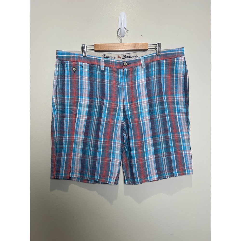 Tommy Bahama Plaid Shorts Mens 42* Blue Red Linen Tencel Blend Coastal Resort